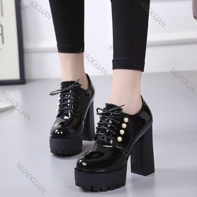 Fashion Spring and Autumn New High-heeled Single Shoes Fashion Solid Lace Up Patent Leather Pumps for Women Chunky Heeled Ladies Shoes