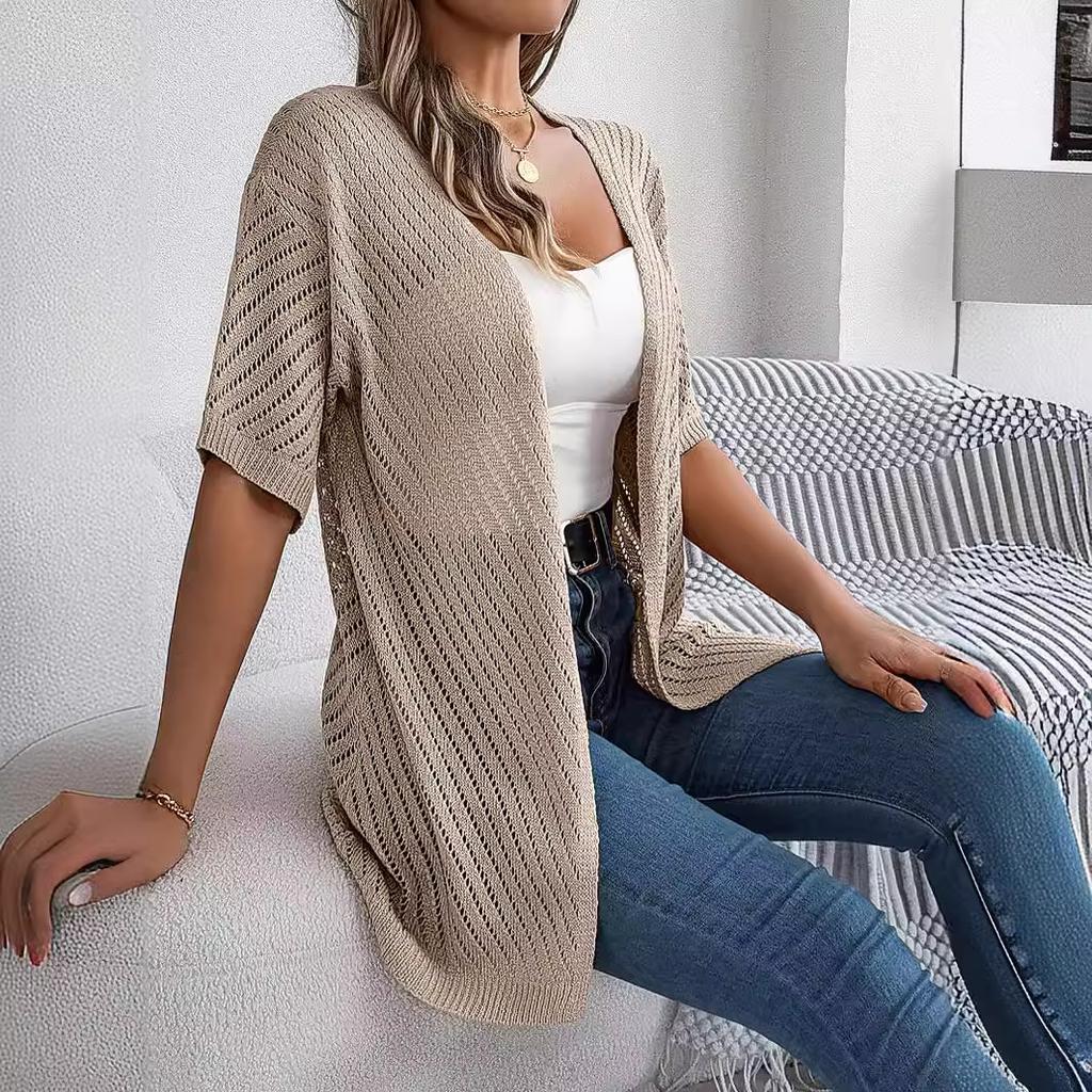 HNXC Summer Hollowed-out Short-sleeved Knitted Cardigan for Vacation Sun Protection Women's Wear