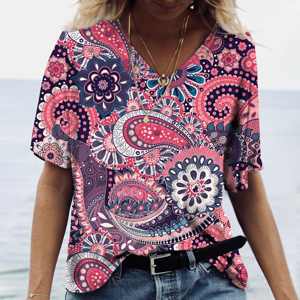 Женский топ с винтажным принтом, короткий рукав, уличная мода, повседневная футболка с V-образным вырезом, женские футболки Y2k, свободные футболки