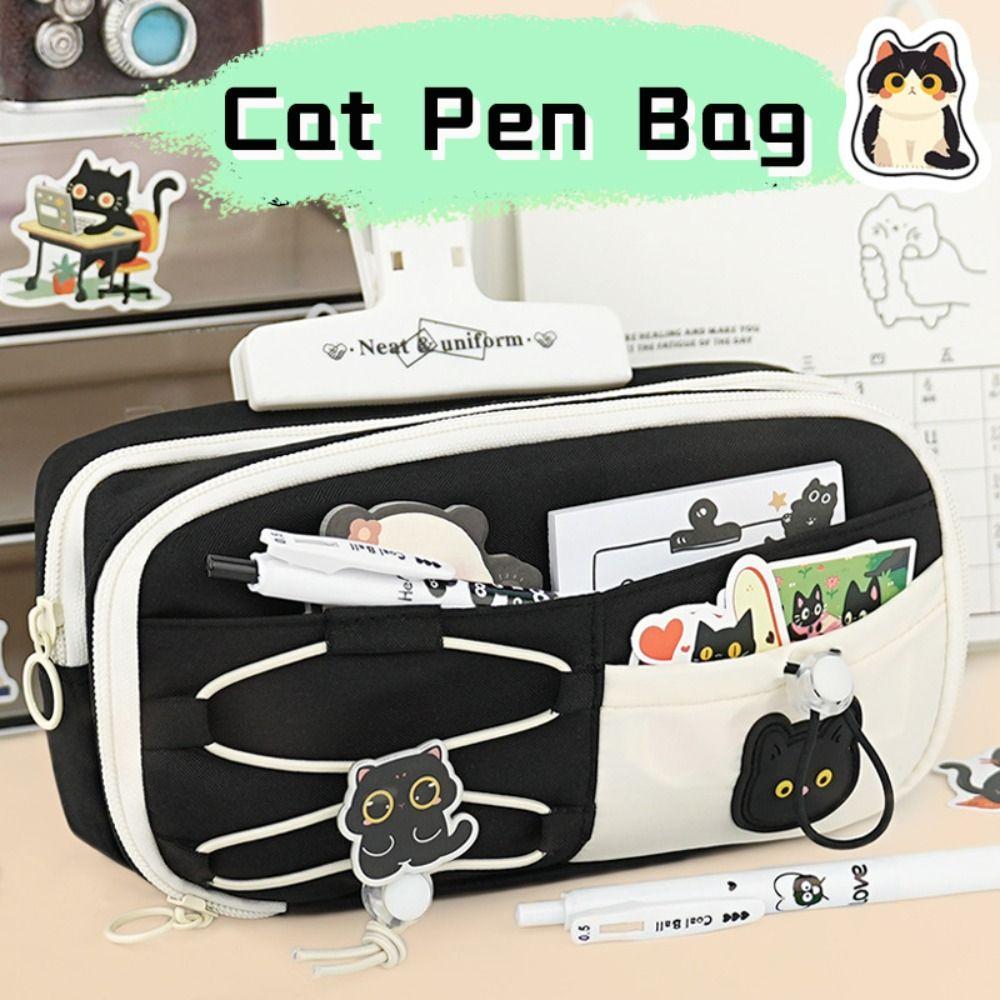 Black Cat Pen Bag Multi-layer Stationery Bag Cartoon Stationery Organizer Student Gift