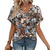 Women's Summer V Neck Striped T-shirt, Rolled Short Sleeve Loose Casual Color Block Stripe Daily Wear Blouse Tops