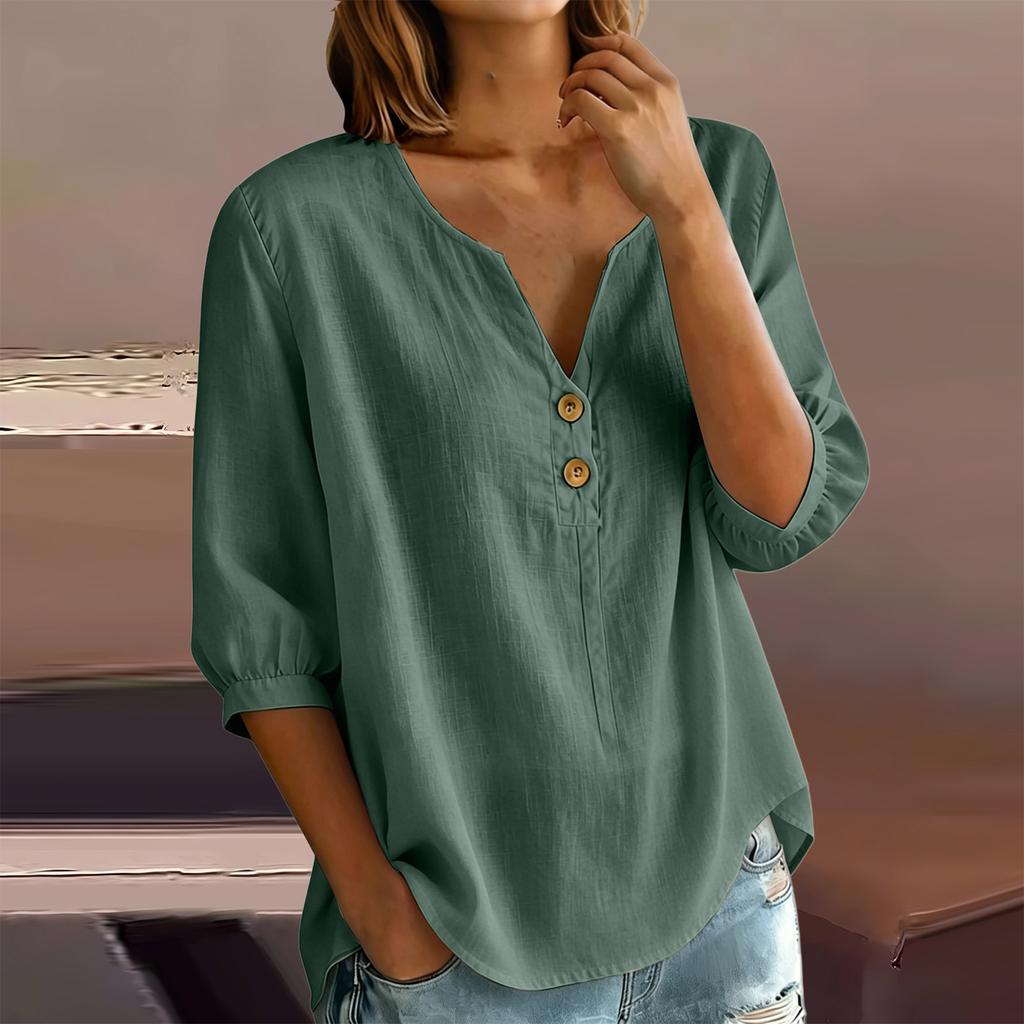 Женская повседневная рубашка-henley из смешанного льна с пуговицами, рукав три четверти, легкий свободный топ для повседневной носки