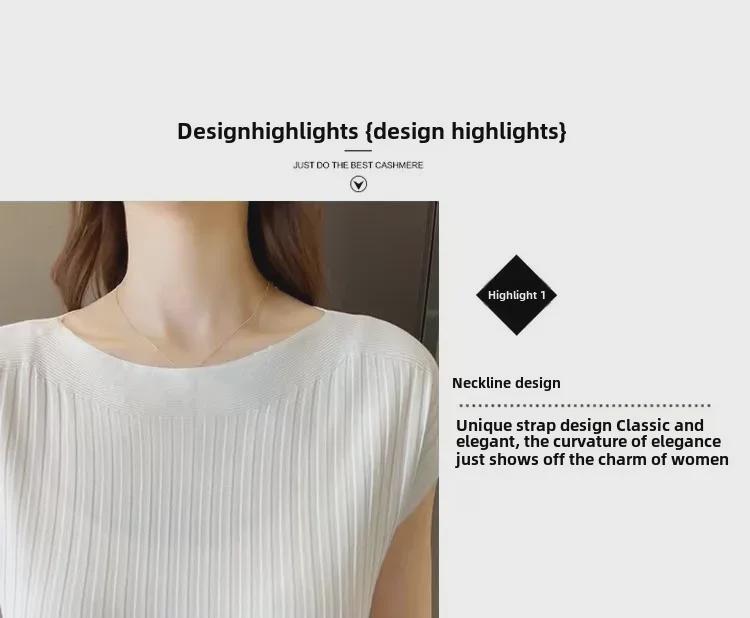 Women's Summer One-Shoulder Ice Silk Knitted Short-Sleeve Top with Vertical Stripes and Stand-Up Collar