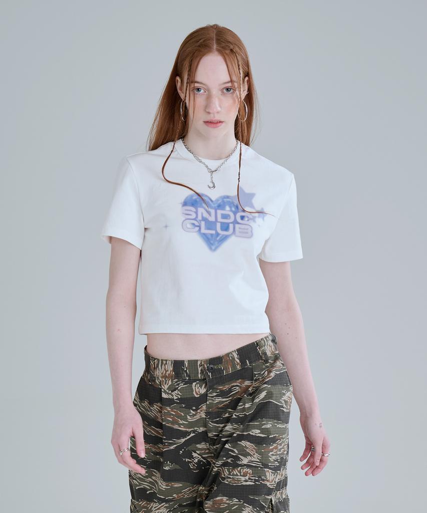 SEONEED Blur Heart Crop Short Sleeve T-Shirt White