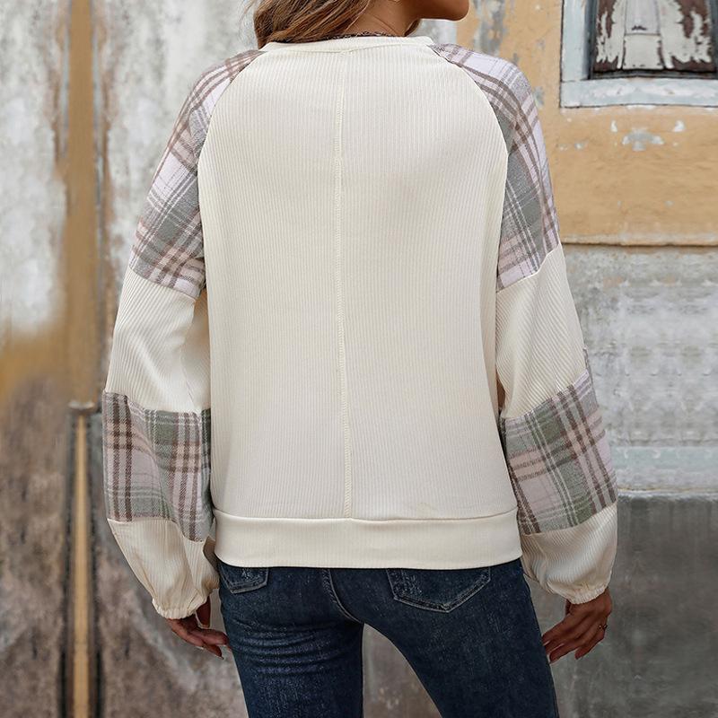 Женский пуловер большого размера в клетку с колорблокингом, свободного кроя, с круглым вырезом и длинными рукавами