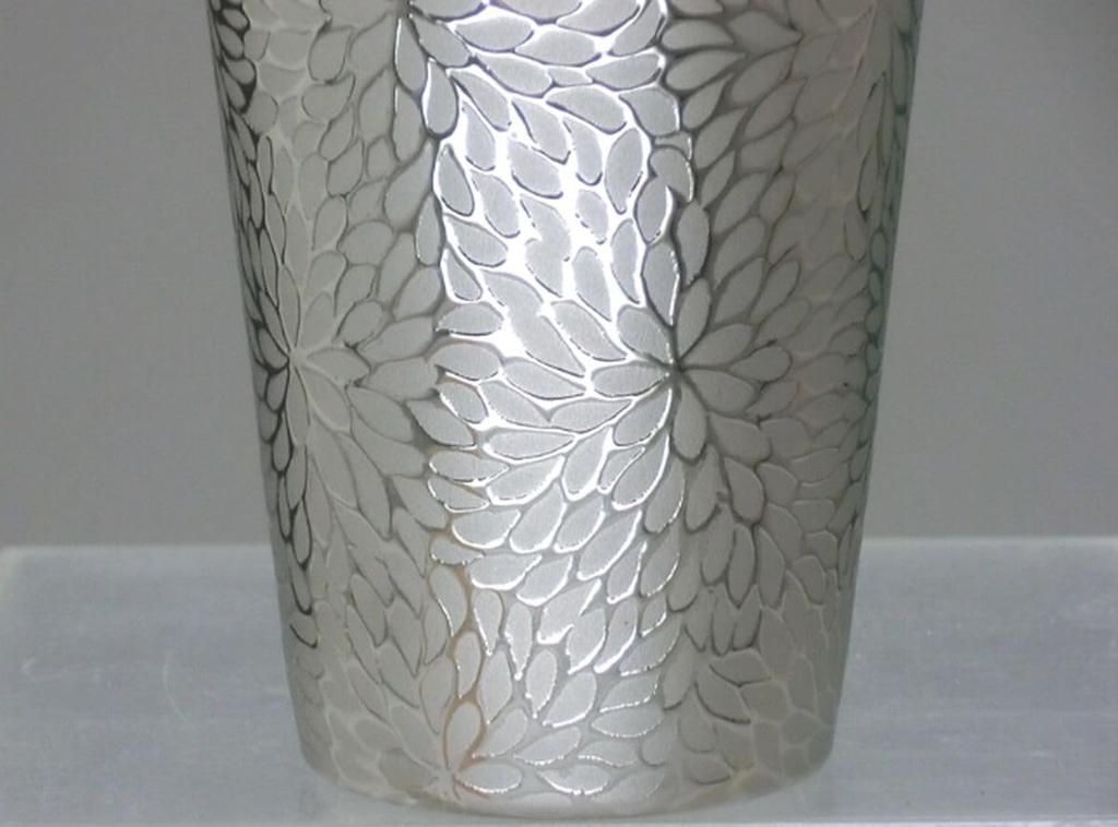Platinum Tumbler with Chrysanthemum in a Wooden Made in Japan J-Kitchens Ultra-Thin Design, 370ml, Box,