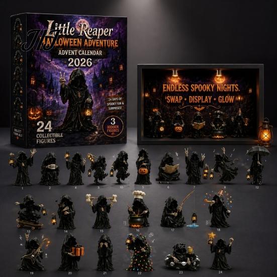 Grim Reaper Figures for Halloween Advent Calendar, 24 Day Countdown Box with Witch Ghost Funny Character Gift Set Figurines, Spooky Collectible