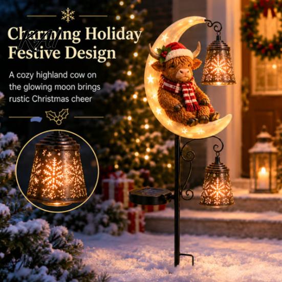 Metal Snowflake Garden Stakes Highland Cow Moon Solar Light, Christmas Seasonal Landscaping Decor Stake Powered Outdoor Yard Lawn Path Decoration