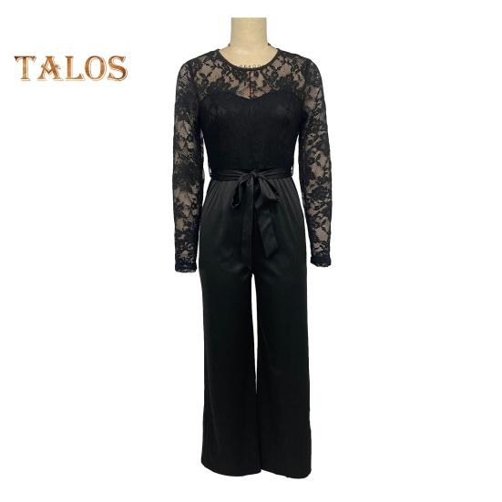 Женский кружевной деловой комбинезон с длинными рукавами, широкими брюками и высокой талией, комбинезон с поясом, летний цельный комбинезон