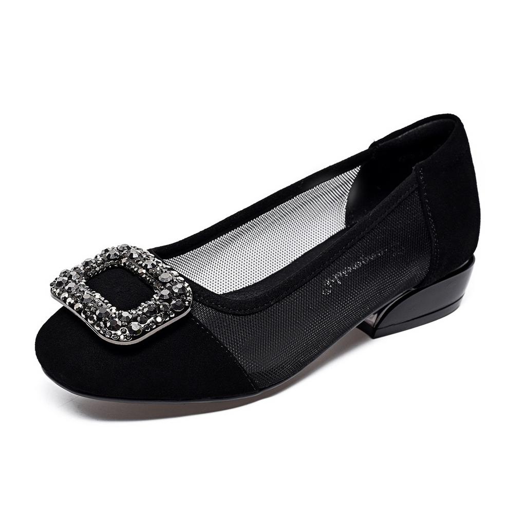 Сетчатые туфли-лодочки женские с круглым носком черные квадратная пряжка стразы на одной педали сетчатые туфли удобные с мелким вырезом туфли на плоской подошве