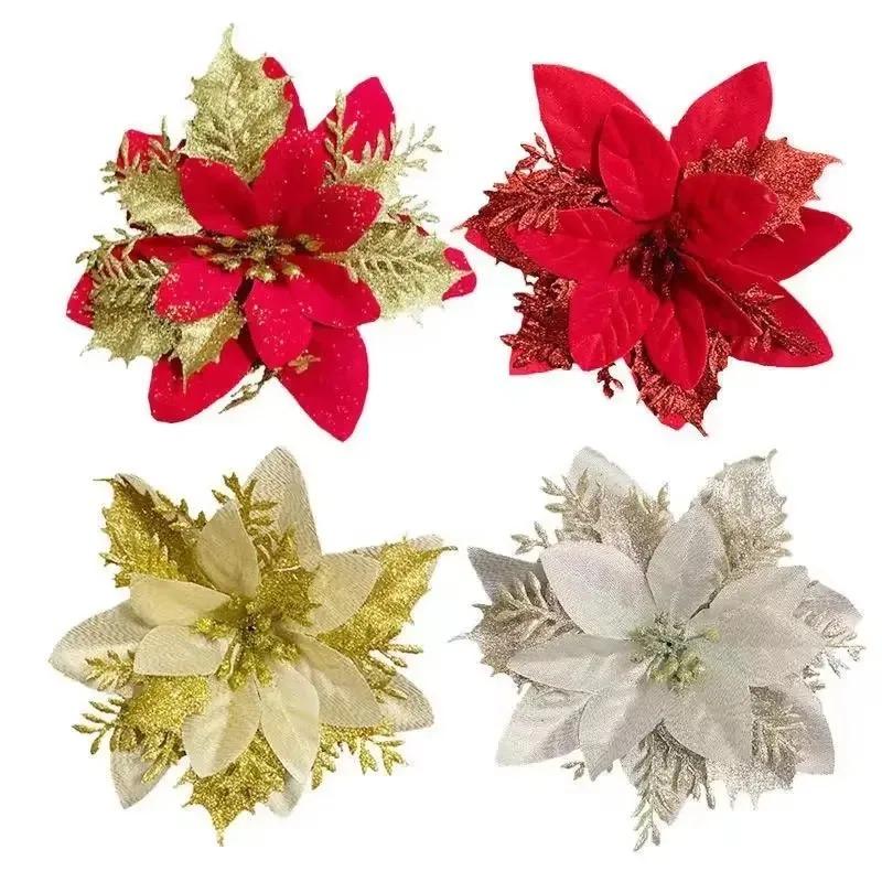 Christmas Glitter Artificial Flowers Floral Silk Fake Flower with Clips for Xmas Tree Hanging Ornaments New Year Gift Home Decor
