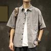 Spring Men Cargo Shirt Turn-down Collar Loose Mid Color Length Solid Single-breasted Chest Pocket Breathable Soft Short Sleeves Streetwear