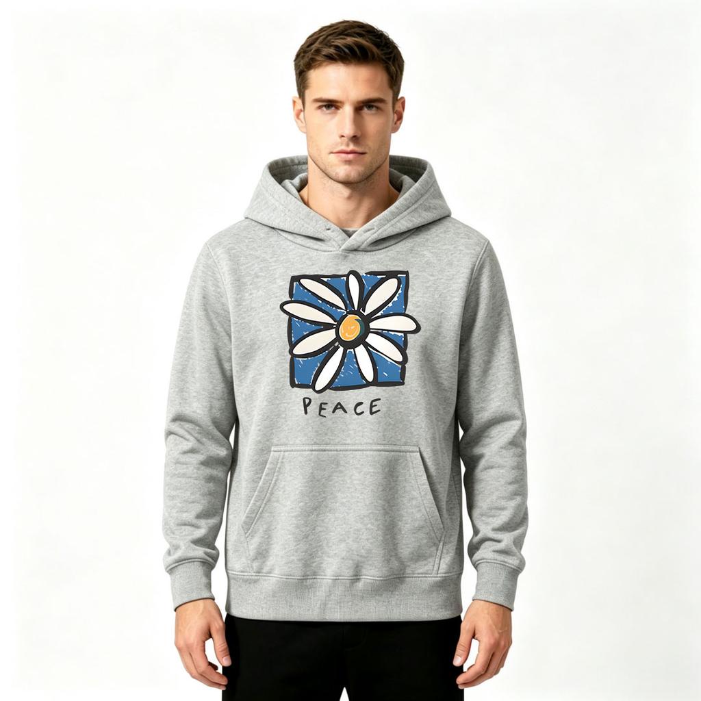 Men's Pullover Hoodie, Peace Daisy Flower Print Casual Long Sleeve Sweatshirt for Daily Wear