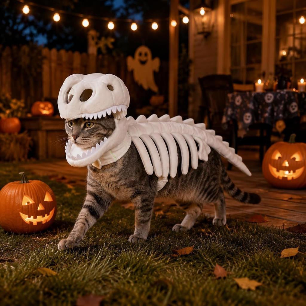Pet dinosaur skeleton-shaped clothing, soft plush material, 3D three-dimensional tailoring, suitable for cat and dog dress-up clothing, suitable