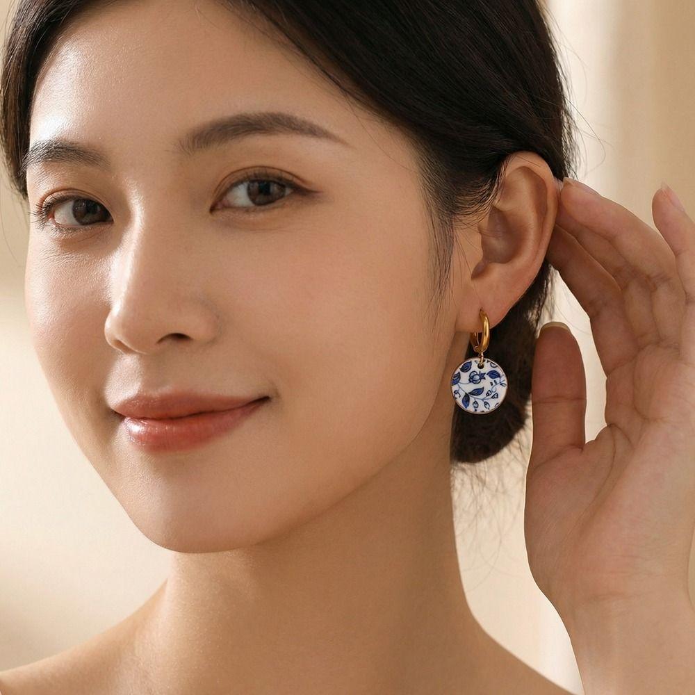 Chinese Style Blue and White Porcelain Earrings Dripping Oil Gold Enamel Hoop Earrings  Women