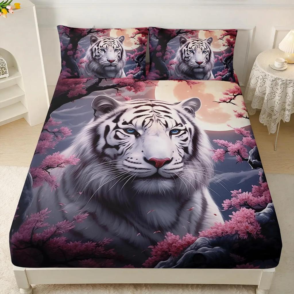 Wild Animal Tiger and Lion Fitted Sheets Super King Size, with 1 Pillowcases, Bed Sheets Bedroom Decor Gift, 30 Cm Deep Pocket