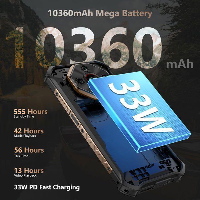 Telephone Portable Incassable 5G Ulefone Armor X16 Pro 16GO+256GO 6.56" 10360mAh 64MP Smartphone Robuste Android 15 NFC/GPS/AI Noir