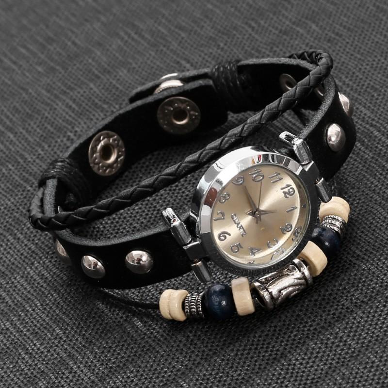 Vintage Leather Watch Couples Round 28mm Quartz With Handwoven Bracelet Style Strap