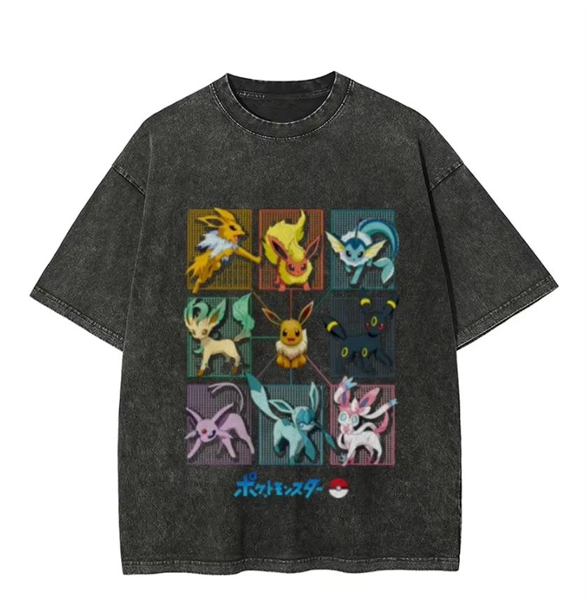 2026 new Oversized Pokemon Washed Summer Tee, Vintage Distressed Anime Streetwear, Graphic Top for Men Women