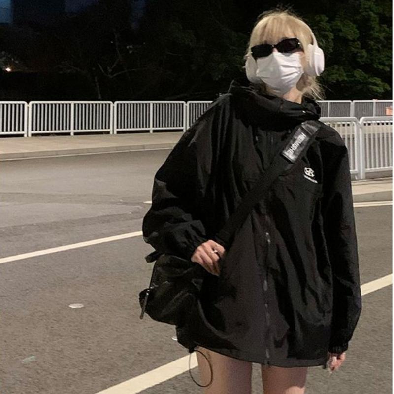 Осенняя непромокаемая куртка с капюшоном, женская однотонная куртка на молнии, техническая одежда, ветровка, корейская модная одежда Y2k, плащ