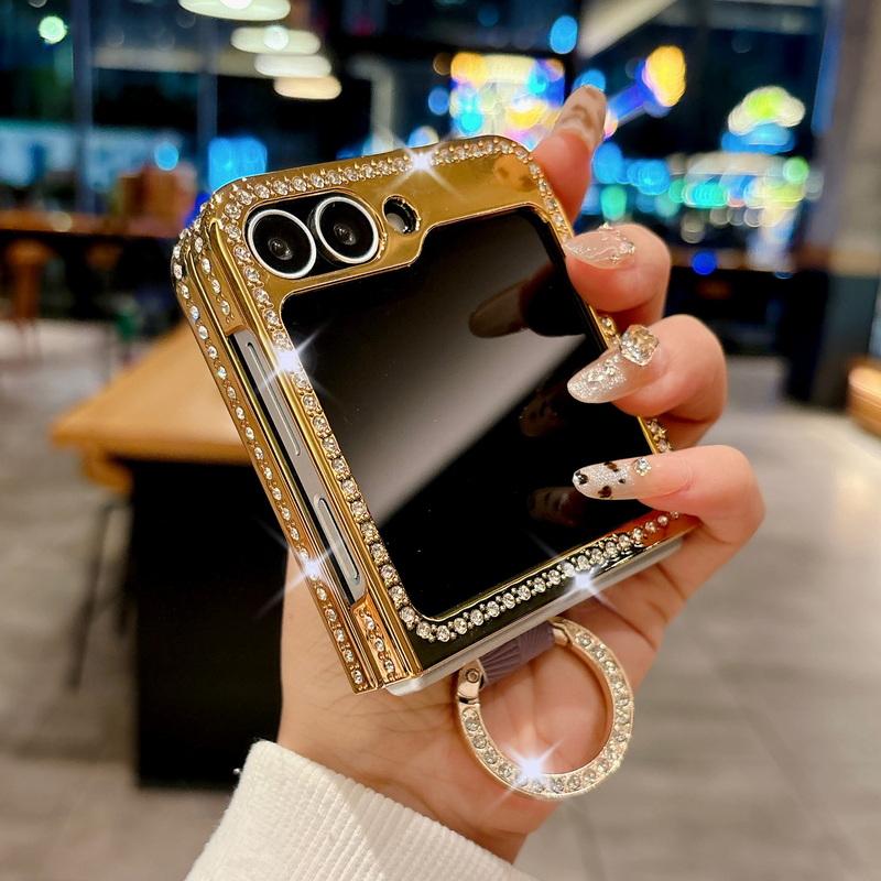 Luxury Solid Color Leather Plating 2pcs Phone Case For Samsung Galaxy Z Flip6 Flip5 Flip4 Flip3 Diamond Frame Shockproof Metal Ring Folding Cover