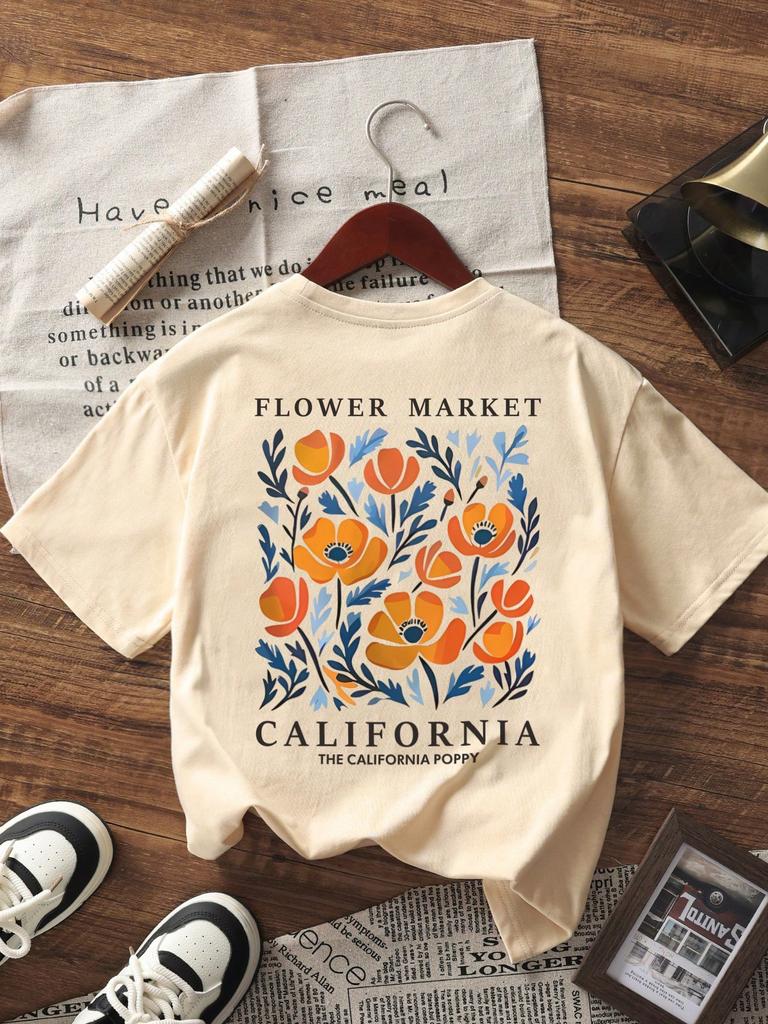 New Stylish Design California Floral Printed Tshirt Casual Round Neck Short Sleeve Tshirt Fashionable Versatile Unisex Top Tee