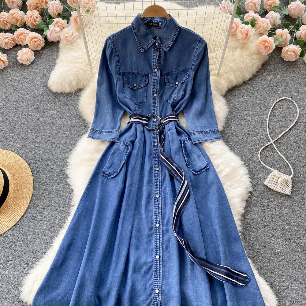RUGOD Джинсовое платье, весеннее новое женское модное платье в западном стиле с длинными рукавами и высокой талией, нестандартное платье длиной до колена с большим качелем