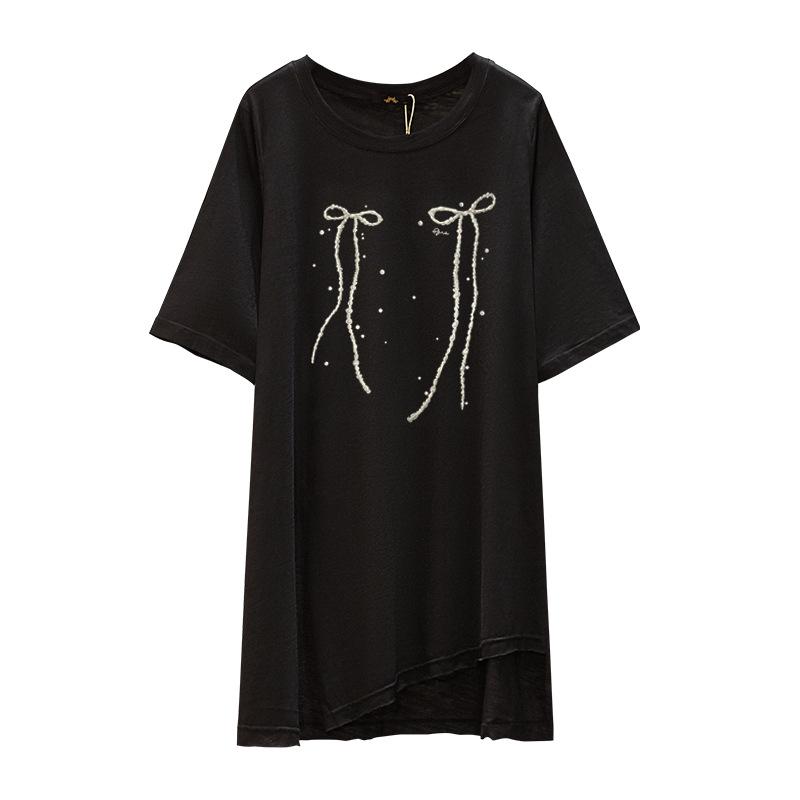 Длинная футболка с коротким рукавом, женская модная футболка больших размеров со свежим бантом и принтом