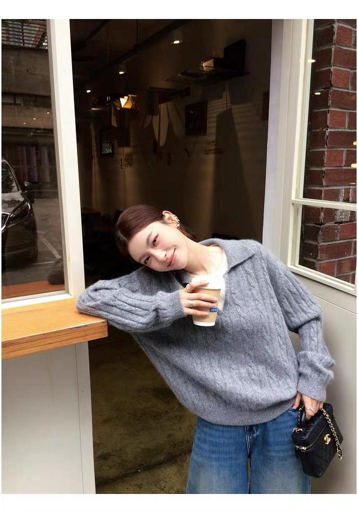 100% Pure Wool Color Block Lapel Korean Style Pullover Knitwear - Women's Autumn Winter Loose Cable Knit Sweater