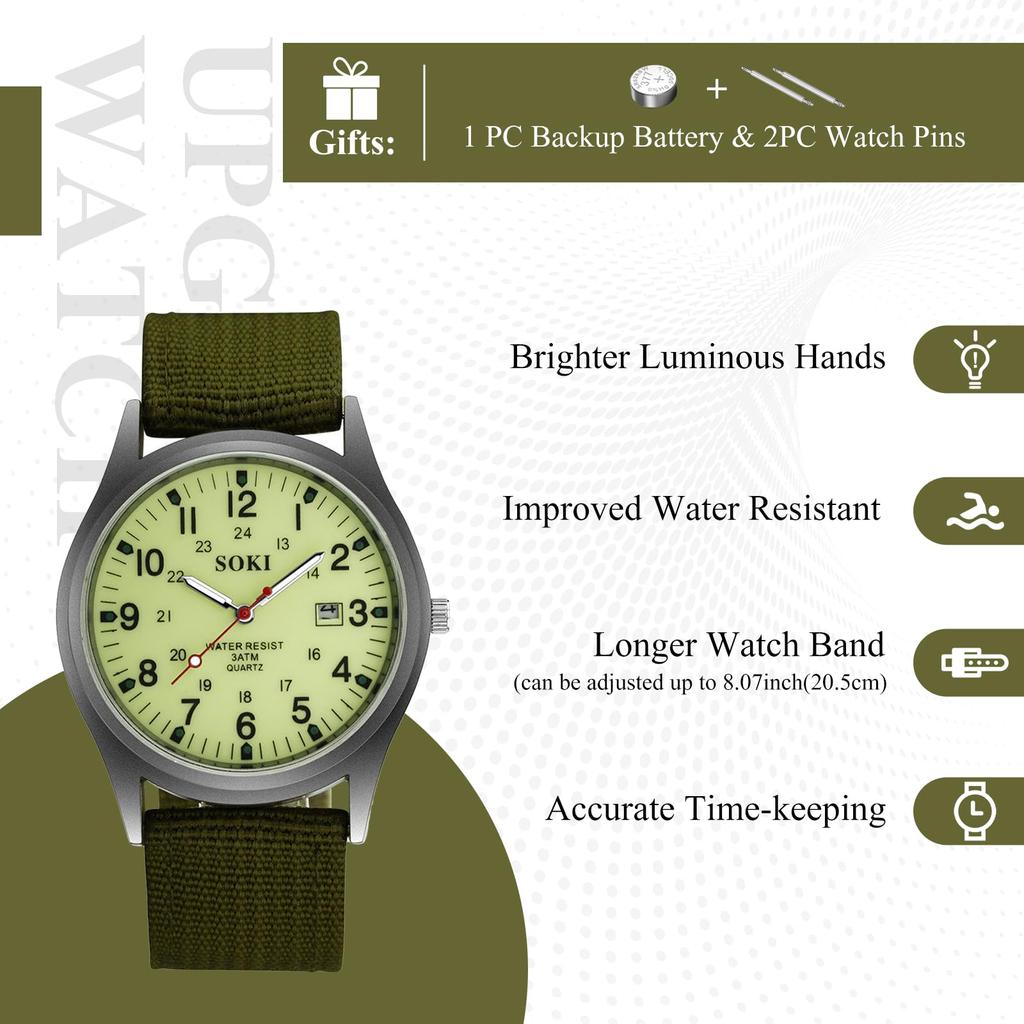 Arabic Imitation Military Luminous Large Nylon Green Men's Wristwatch, Waterproof, Luminous Numerals, Exquisite, Watch, Outdoor, 24-Hour Pointer,
