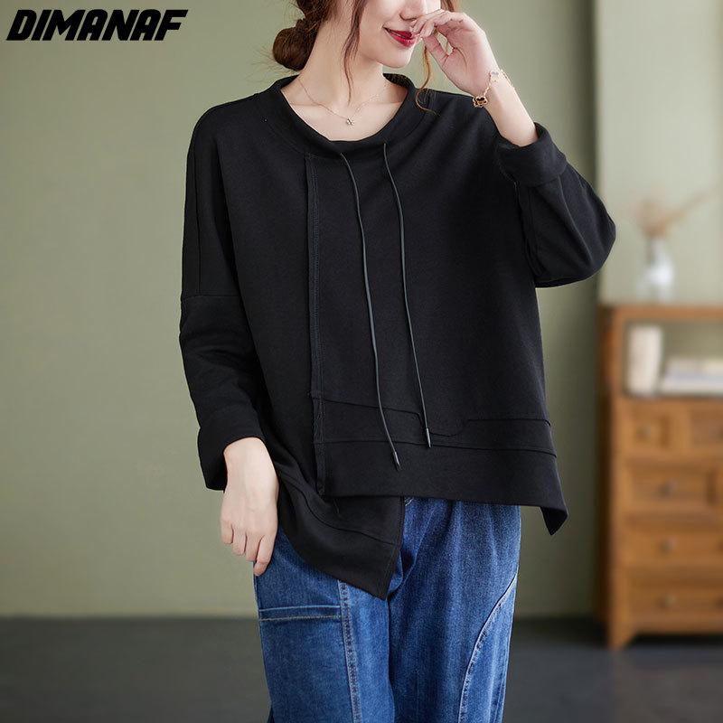 Dimanaf 2021 футболка, женская осенняя водолазка с длинным рукавом, хлопковые толстовки, корейская свободная одежда, белый топ с круглым вырезом, однотонные футболки