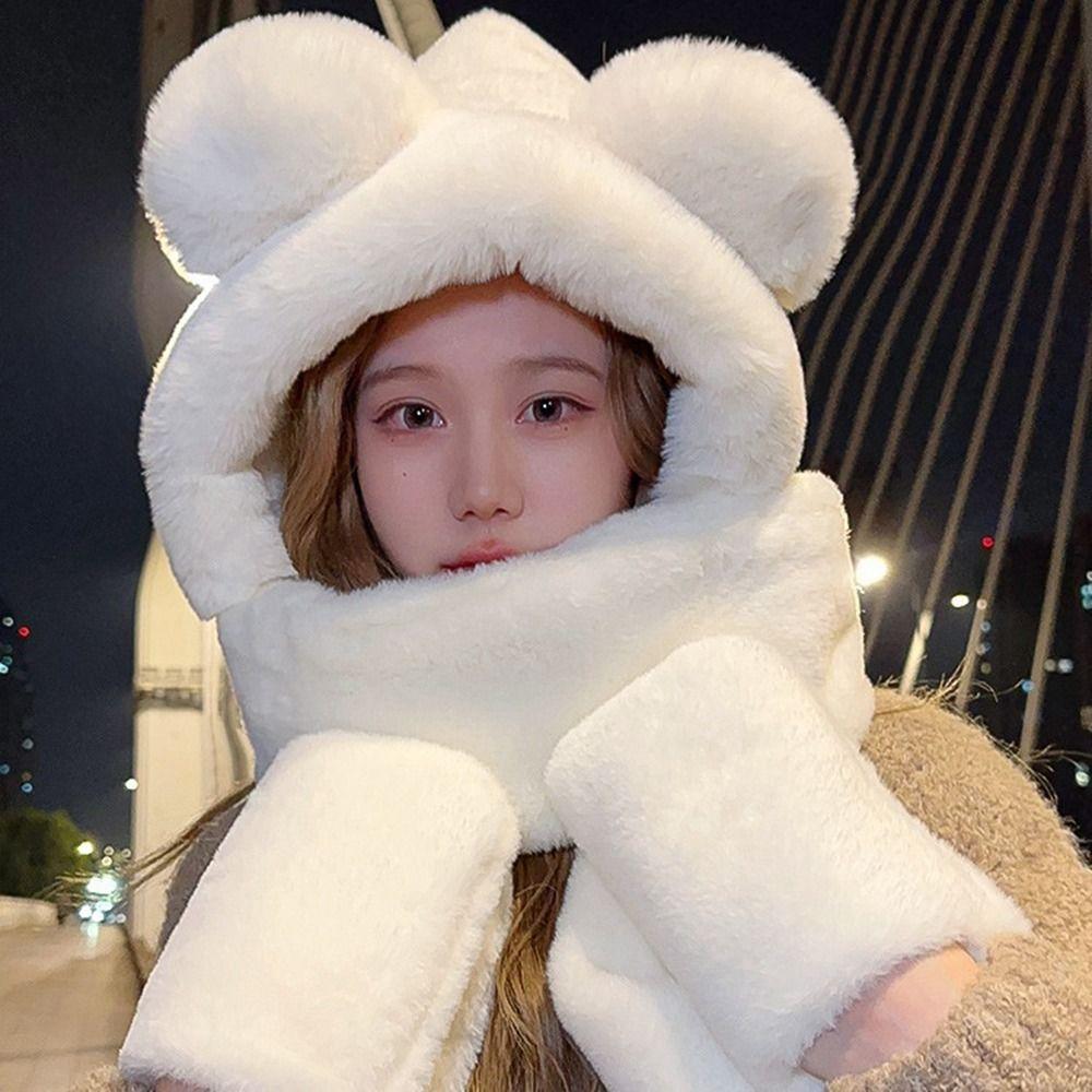 Plush Beanies Caps Thickened Ear Protection Cap Cute Bear Ears Hat for Woman Girls