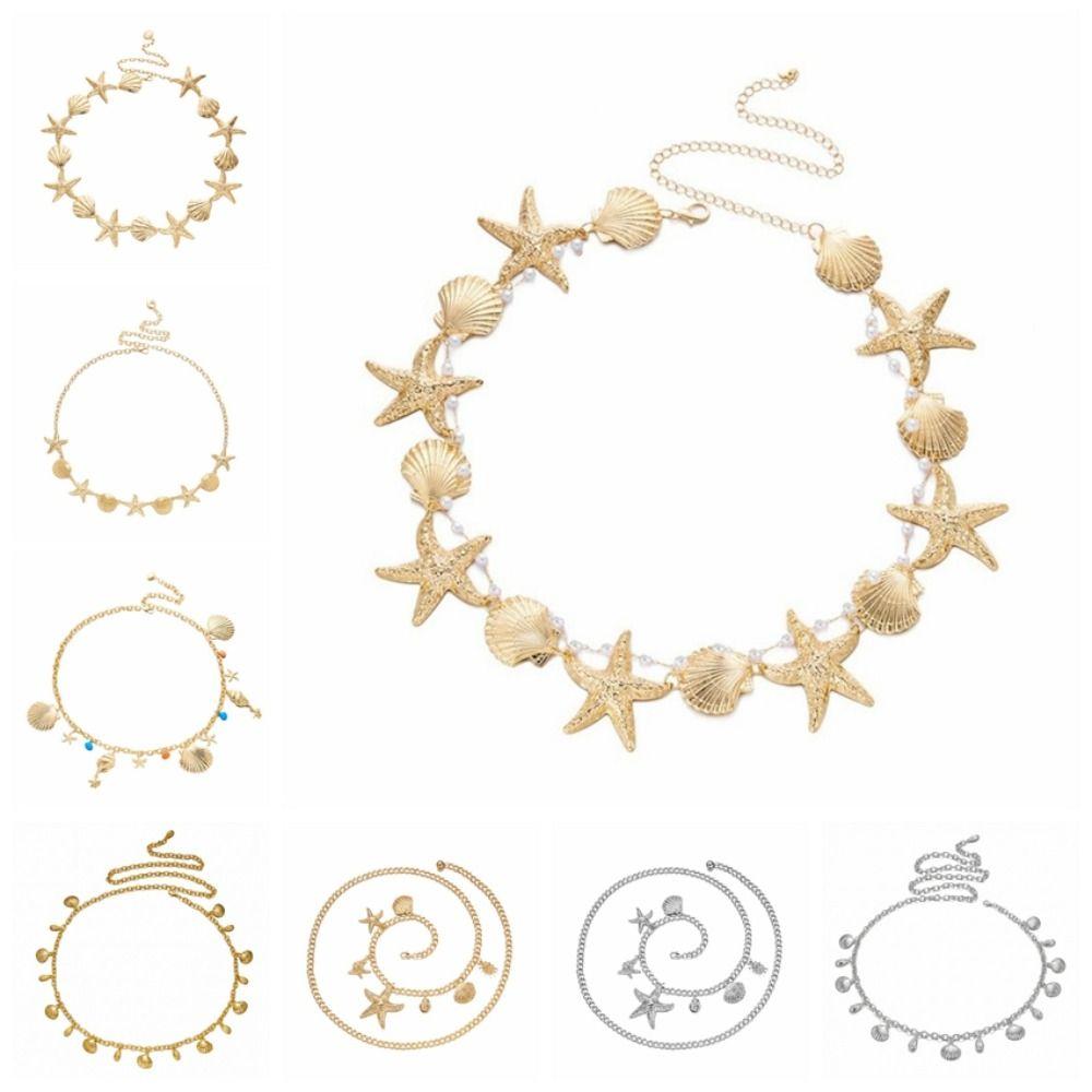 Gold Imitation Pearl Body Chain Multi-pendant Beads Belly Chain Retro Starfish Waist Chain Bikini