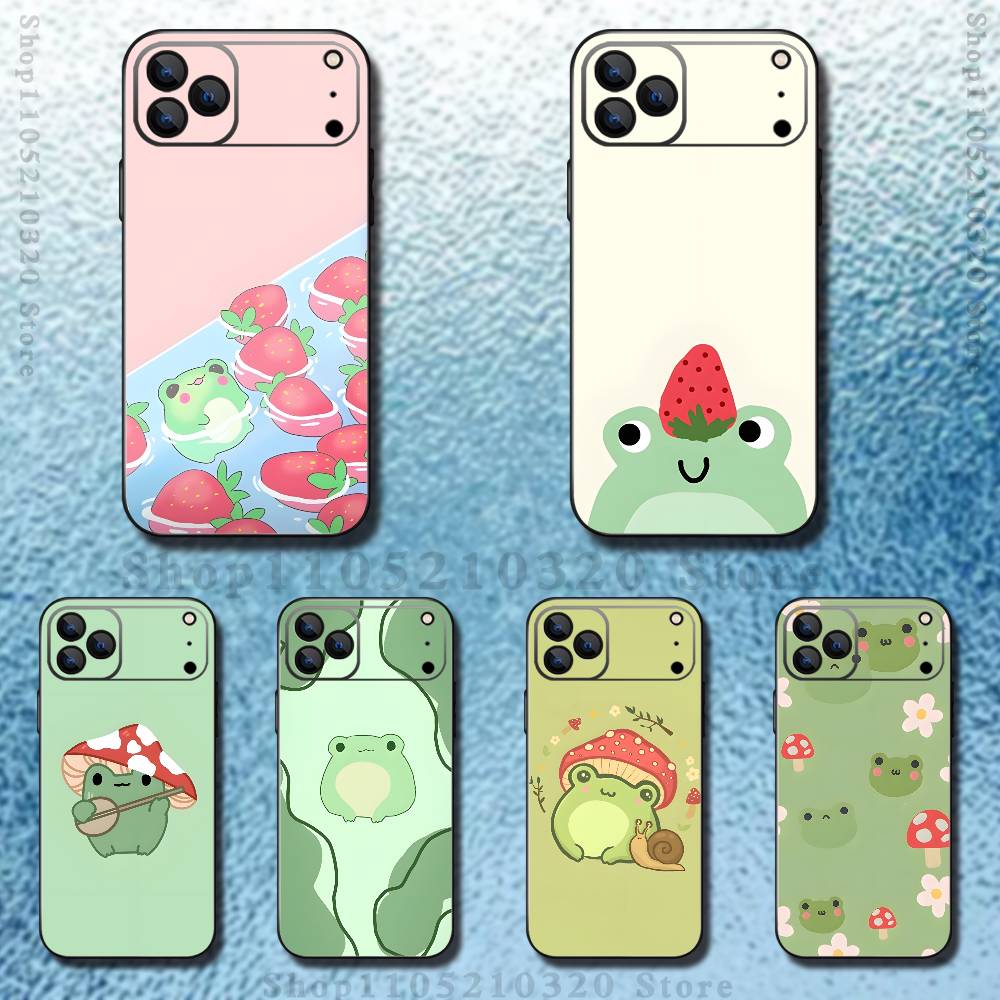 Чехол для телефона с рисунком лягушки и клубники для iPhone 17,16,15,14,13,12,11,Pro Max,XSX,,XR,SE,Mini,8,7, Мягкий силиконовый черный чехол