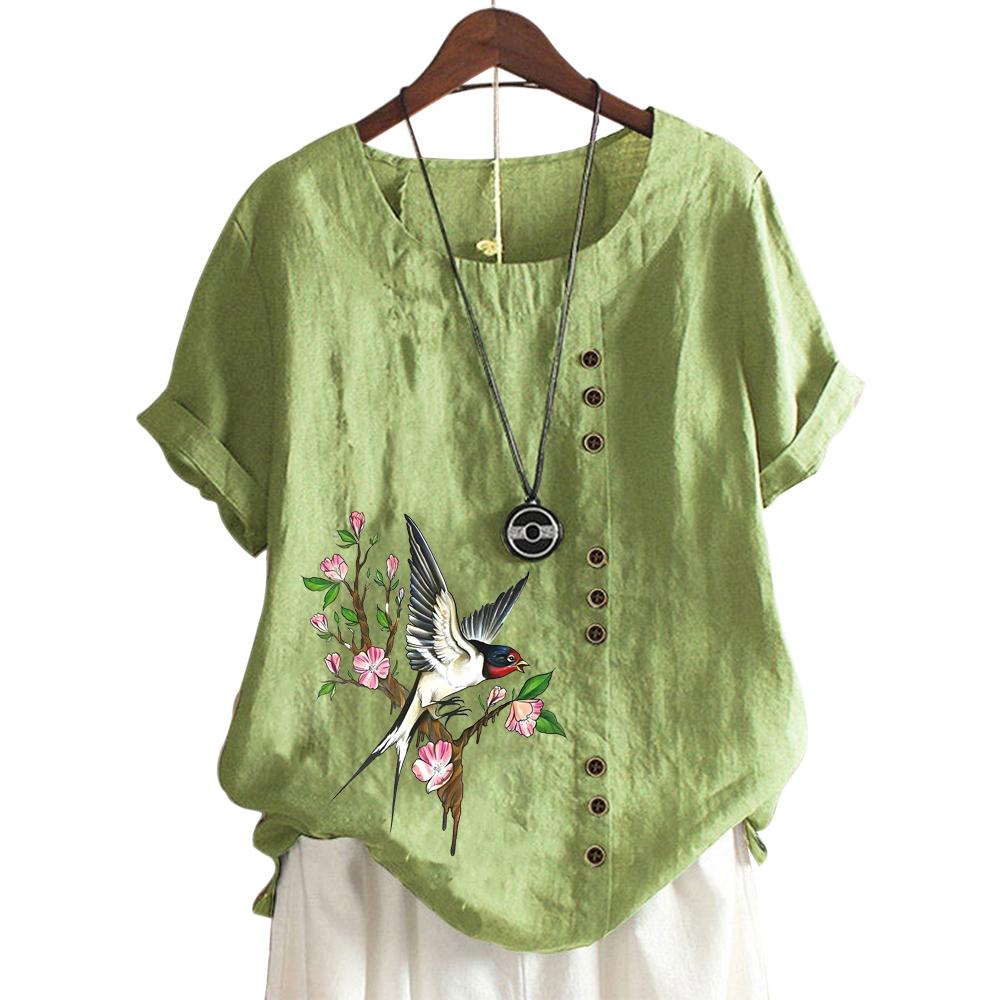 Ladies' Round Neck Short Sleeve Top with 11 Colorful Floral Designs