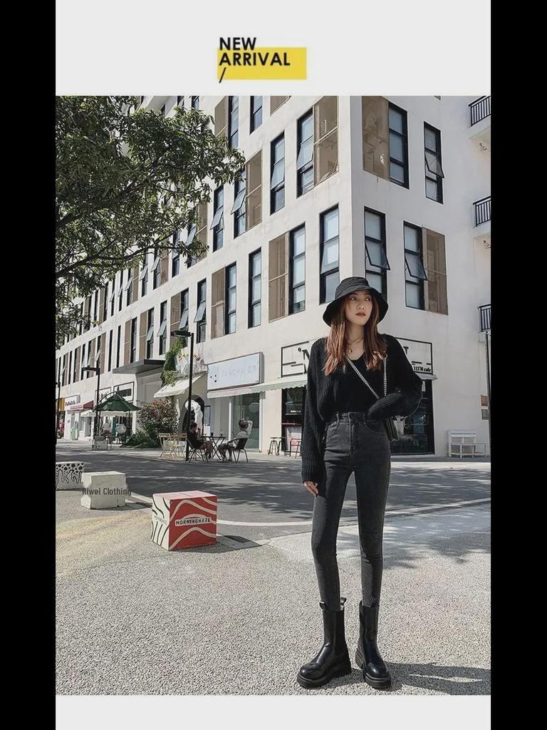 Женские черные облегающие эластичные джинсы-карандаш с высокой талией - Весенняя коллекция 2022 г.