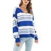 Women Striped V Neck Sweater Color Blocking Loose Fit Casual Comfy Pullover Knit Sweater Blue L