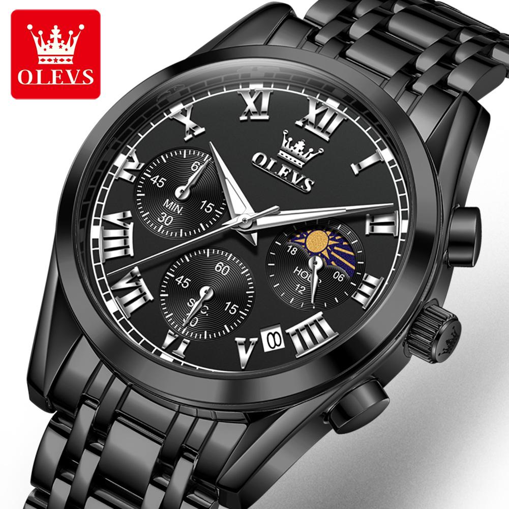 OLEVS 2871 Top Original Quartz Watch for Men Solid Steel Strap Roman Scale Classic Chronograph Moon Phase Calendar Men's Watches