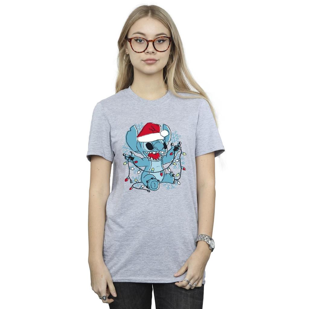Disney Womens/Ladies Lilo And Stitch Christmas Lights Sketch Cotton Boyfriend T-Shirt