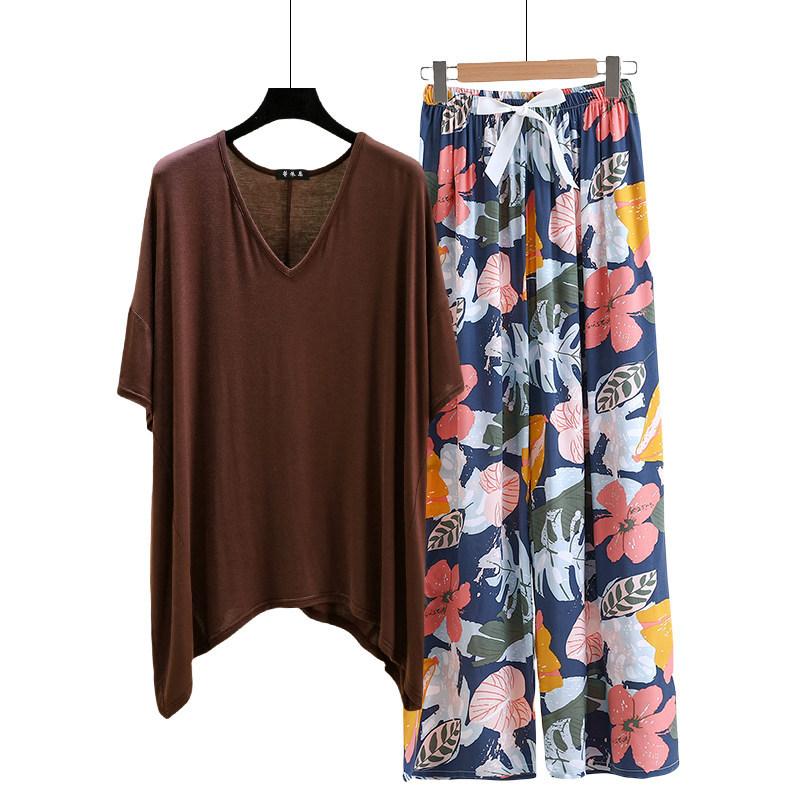 Необычная футболка и широкие брюки с цветочным принтом летние женские повседневные пижамные комплекты Костюм для дома с коротким рукавом Свободный легкий костюм для отдыха Большие размеры