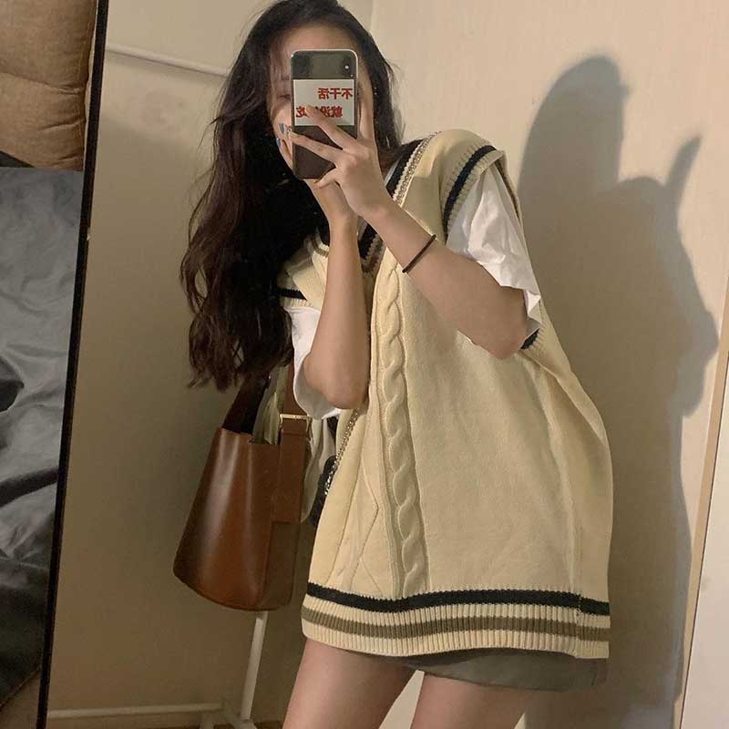 Японский ленивый вязаный жилет, женский осенний многослойный внешний свитер с v-образным вырезом, небольшой жилет в студенческом стиле, топ