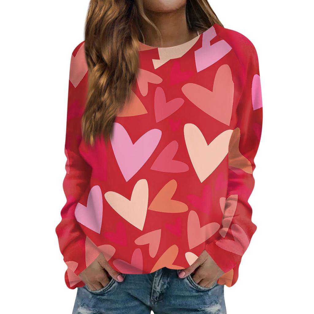 Женская модная повседневная толстовка с длинным рукавом и принтом на День святого Валентина и круглым вырезом