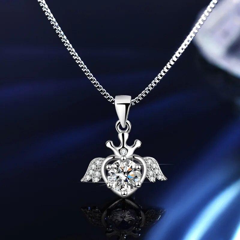 D Цвет 1CT VVS Муассанит Ожерелье Для Женщин Ювелирные Изделия Мода Крылья Ангела Цепочка На Ключицу Подвеска из Белого Золота Для Девочек Подарок