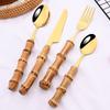 2/4/6Set Bamboo Handle Tableware Set Stainless Steel Flatware Fork Steak Knife Spoon Silverware Set Dinnerware Home Cutlery Set
