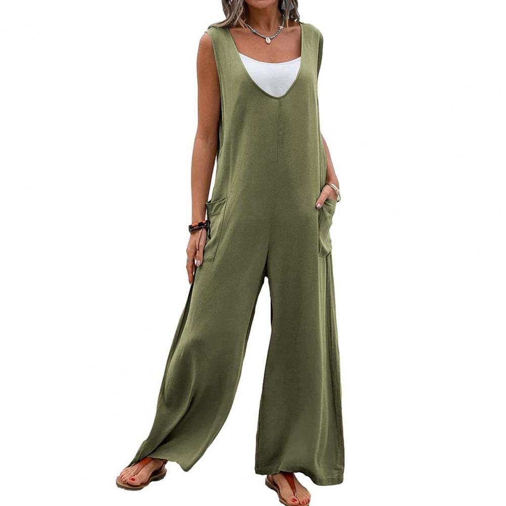 Summer Women Jumpsuit V Neck Wide Leg Deep Crotch Sleeveless Loose Solid Color Side Pockets Pullover Casual Daily Wear Full Leng