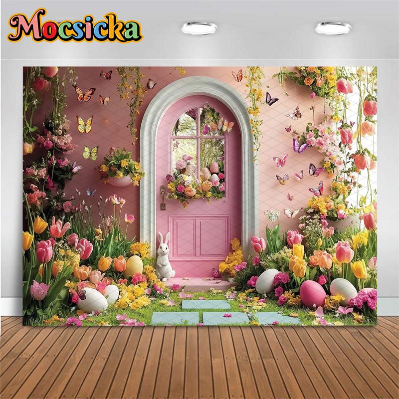 Mocsicka Spring Flowers Backdrop Photography Easter Egg Party Decors Portrait Birthday Background Door Bunny Photo Studio Banner8