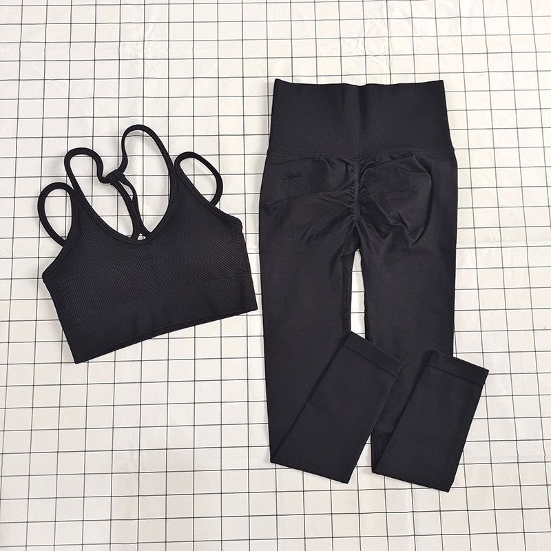 Suit for Women, Two-Piece Running Training Set, European and American Style Yoga Straps, Beautiful Back Design, Fitness High-Waisted Peach Pants