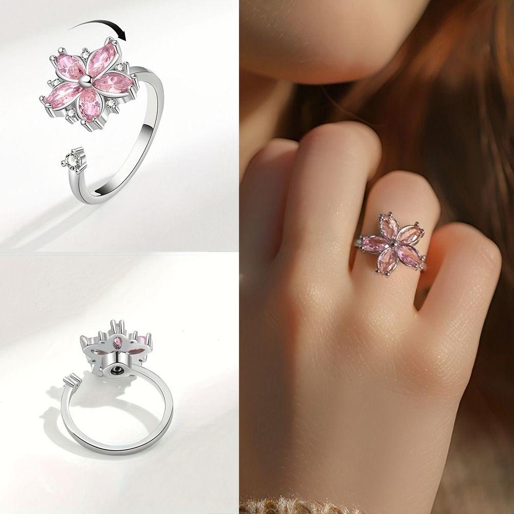 Rotating Design Rotating Ring Zircon Flower Floral Synthetic Ring Pink Zircon Ring Daily Wear
