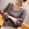 V-neck Crocheted Hollow Knitted Women's Thin Spring Loose Bat Shirt Short Top Four-quarter Sleeve Blouse
