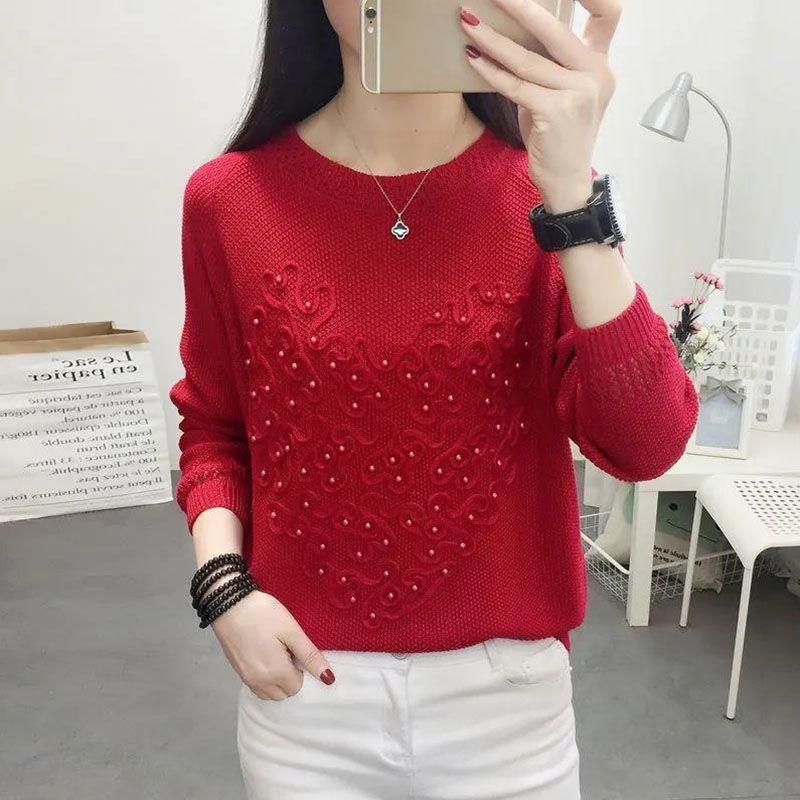 Spring and Autumn Long Sleeve Hollow Women's Knitted Shirt Solid Color Round Neck Hoodie Embroidered Nail Bead Bottom Shirt